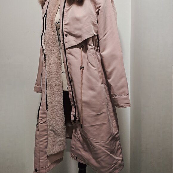 New FAUX Rex Rabbit Lapin Fur-Lined Parka Coat Jacket No Mink Fox Raccoon Pink M - Picture 2 of 5